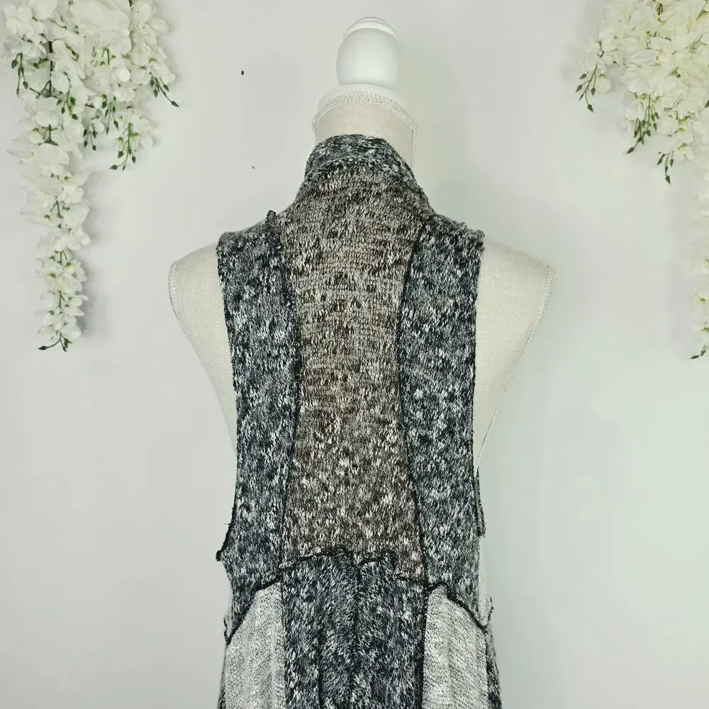 Lagenlook Open Knit Duster Vest Large Wool Blend Gray Marled Waterfall Boho - Picture 7 of 15